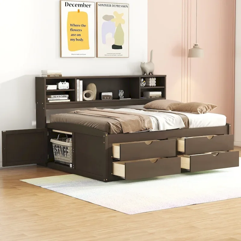 Antique Brown / Gray / White Full Daybed with Cabinets, Shelves & Drawers, 1-Person