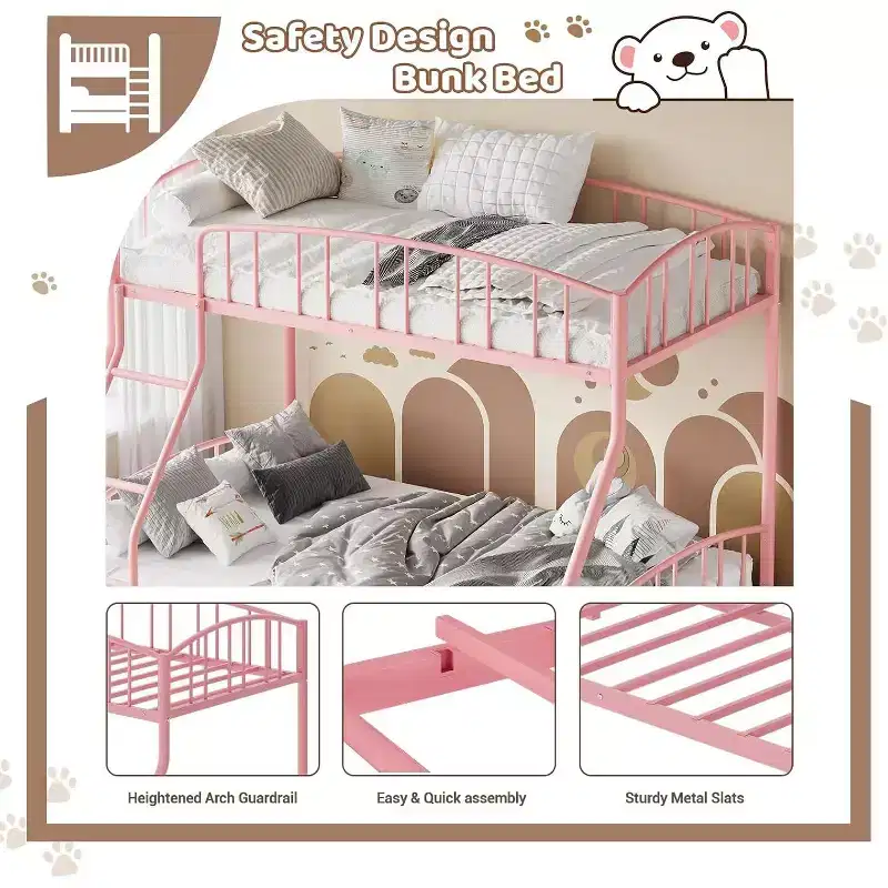 Twin Over Full Metal Bunk Bed, Space Saving Heavy Duty Steel Frame With Arched Guardrail And Ladder, Easy Assembly, No Box Spring Needed