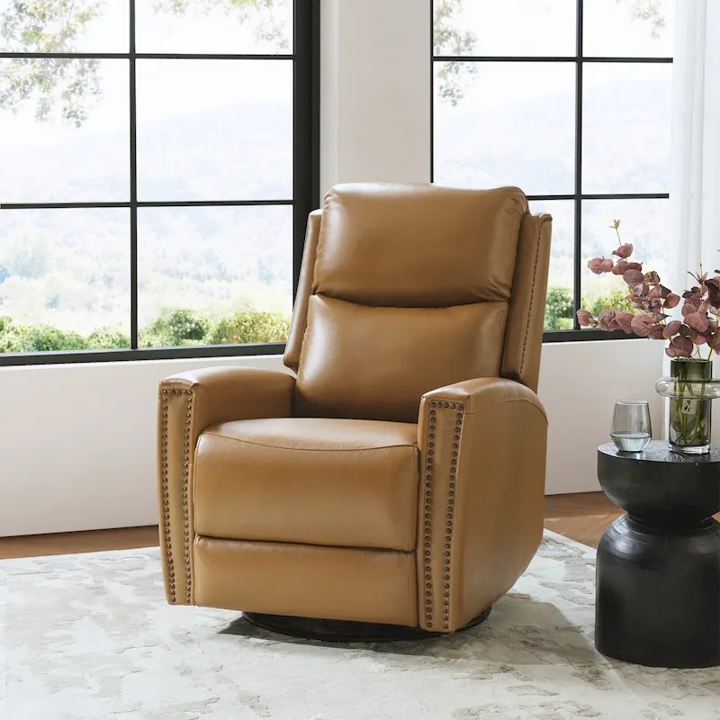 Multi-Color Genuine Leather Wingback Swivel Rocker Recliner with Nailhead Trim, Single