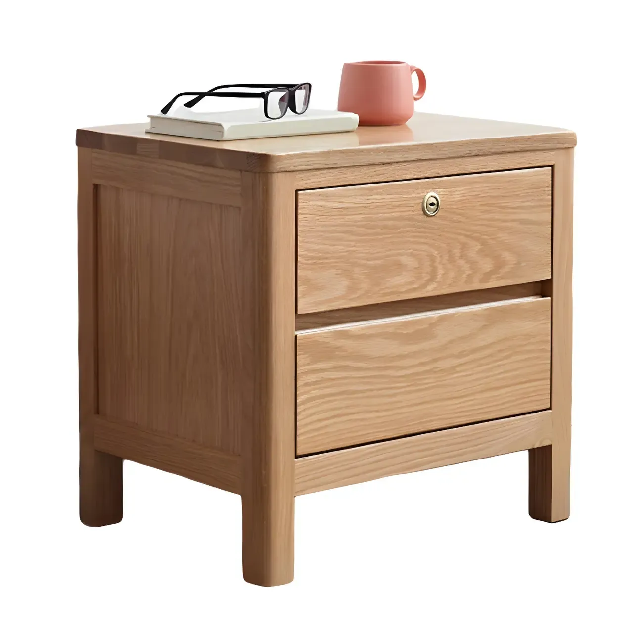 Scandinavian Oak Wood Narrow Locking Nightstand