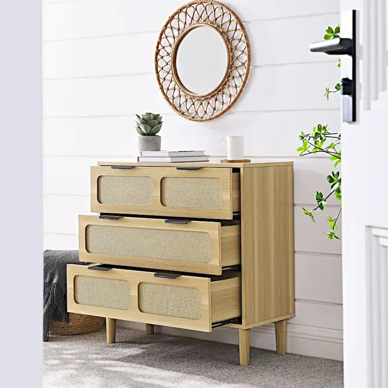 Modern Rattan Dresser Cabinet With Wide Drawers And Metal Handles