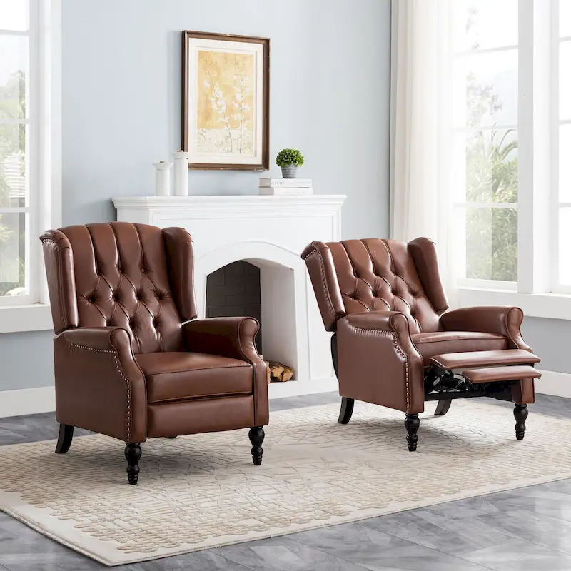 Classic Tufted Bonded Leather Recliner Set (2-Piece) with Nailhead Trim