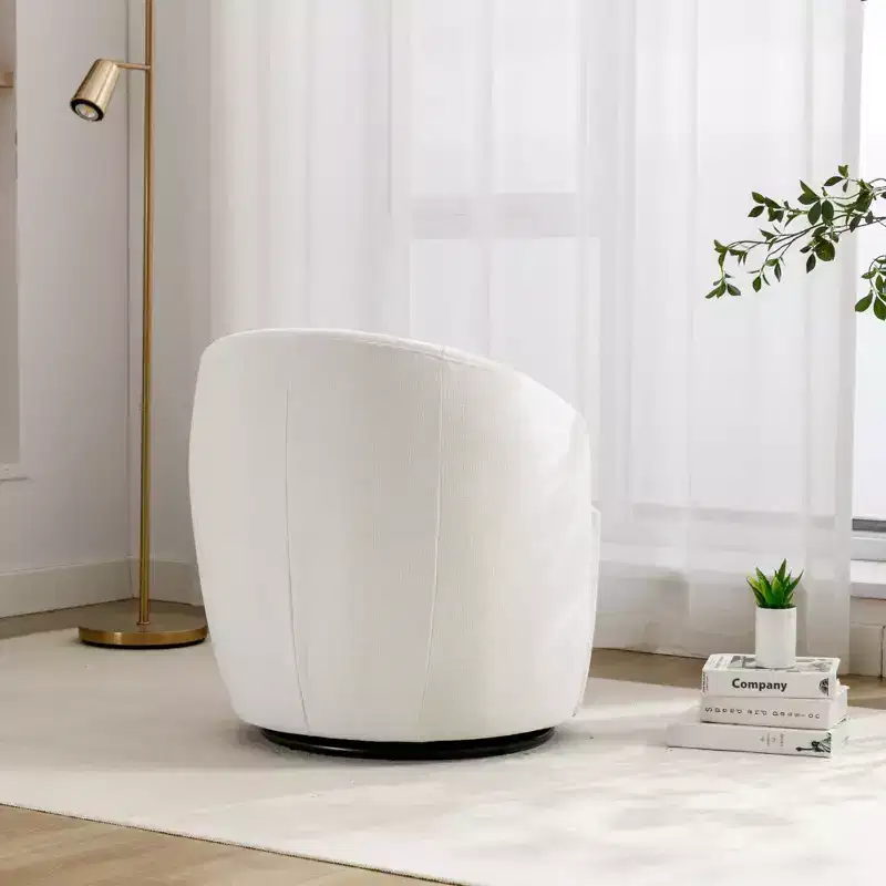 Chenille Fabric Swivel Accent Armchair Barrel Chair With Black Powder Coating Metal Ring,Ivory