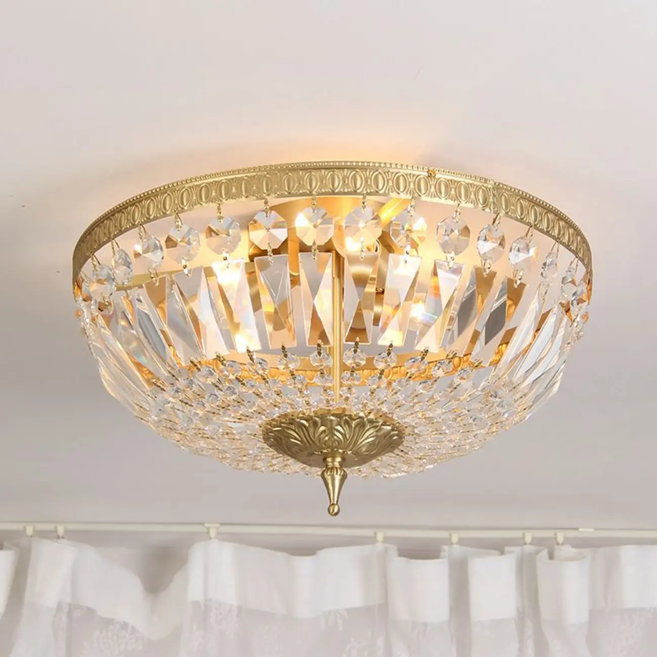 European Classical Crystal Brass Drum Flush Ceiling Light