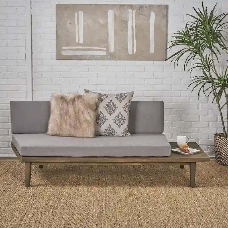 Grey/Brown Minimalist Acacia Wood Right-Sided 2-Seater Sofa (Indoor/Outdoor)