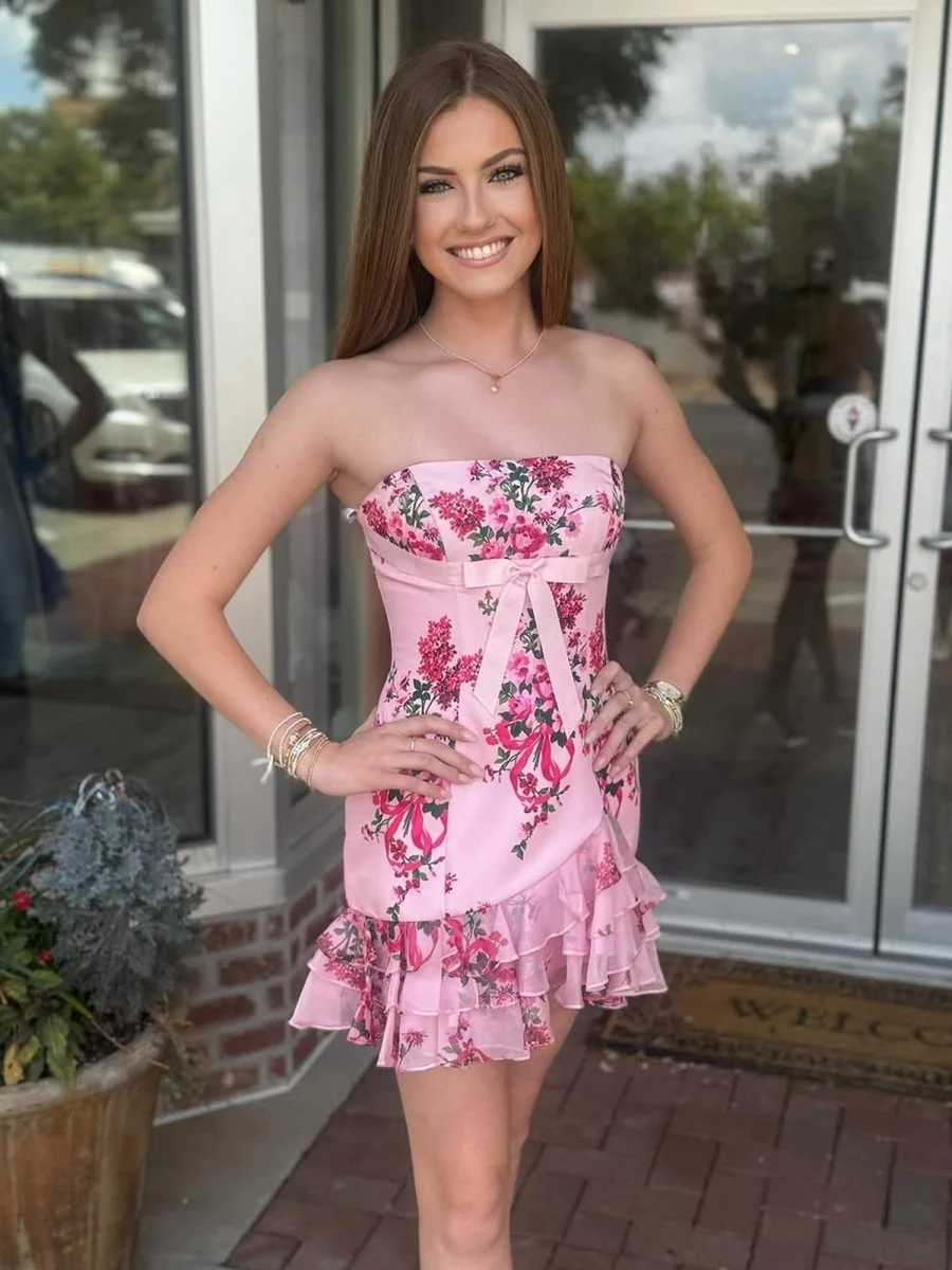 Pink - Sheath Floral Satin Strapless Ruffles Homecoming Dresses with Bow