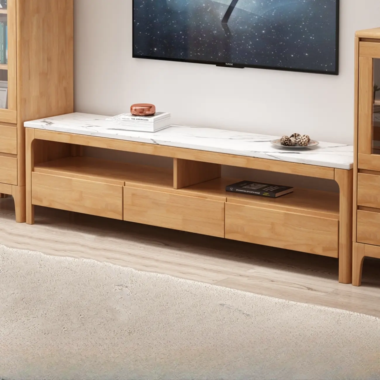 Durable Natural Wooden TV Stand with Cable Management