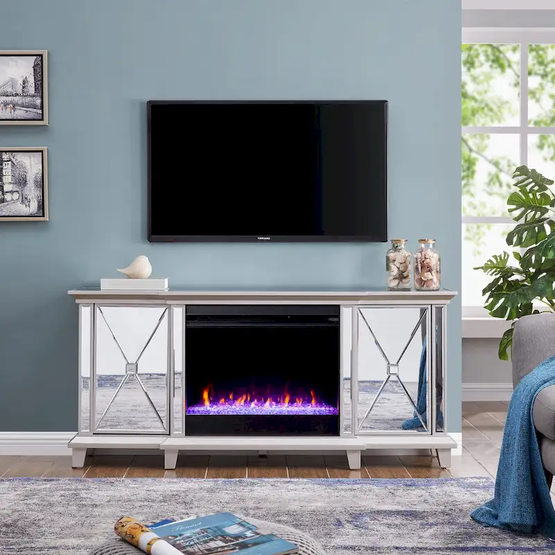 SEI Furniture Mirrored Media TV Stand with Color Changing Fireplace Insert for TV's up to 62
