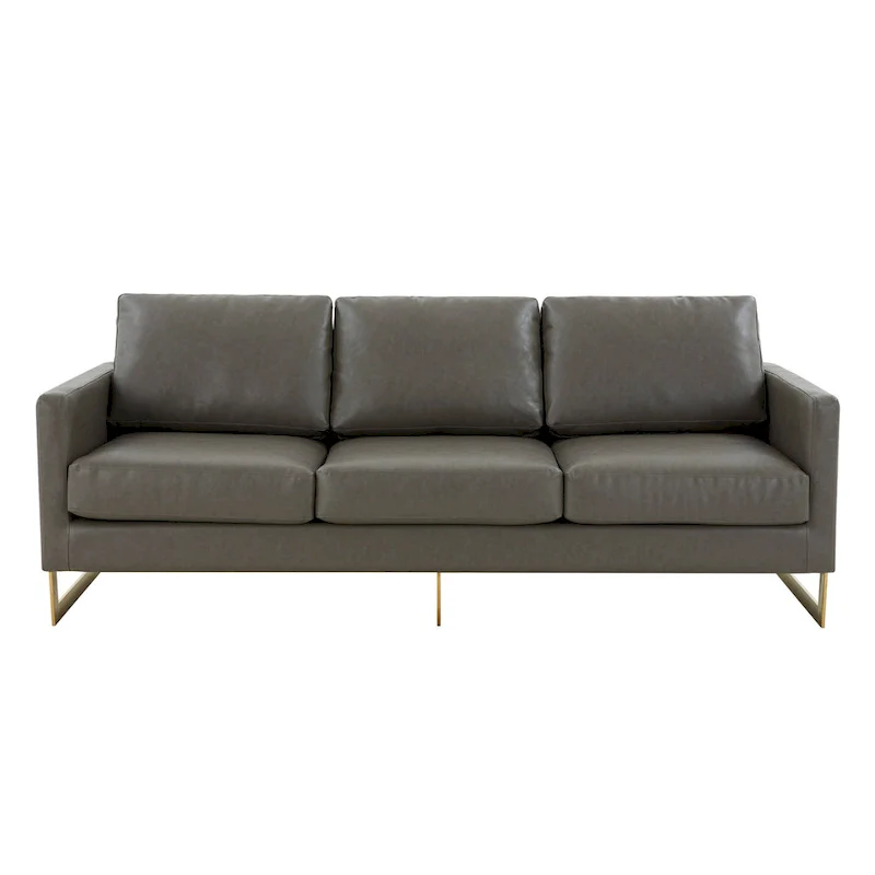 LeisureMod Lincoln Modern Upholstered Leather Sofa with Gold Frame - 83