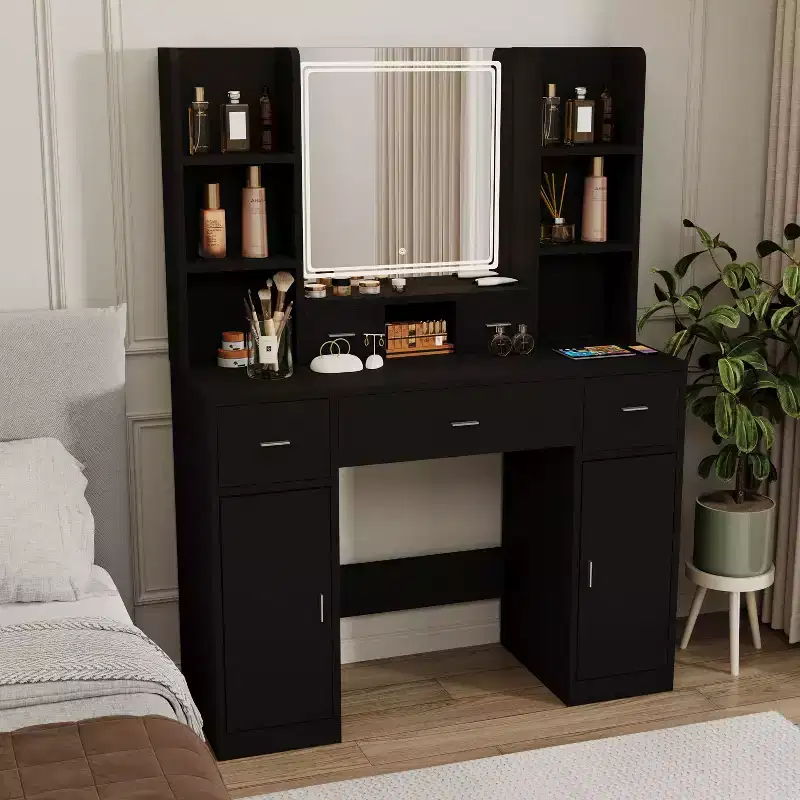 Okak Vanity Table with Lights, with Drawers and Storage Cabinet, Dressing Table with Dressing Pad for Bedroom Living Room