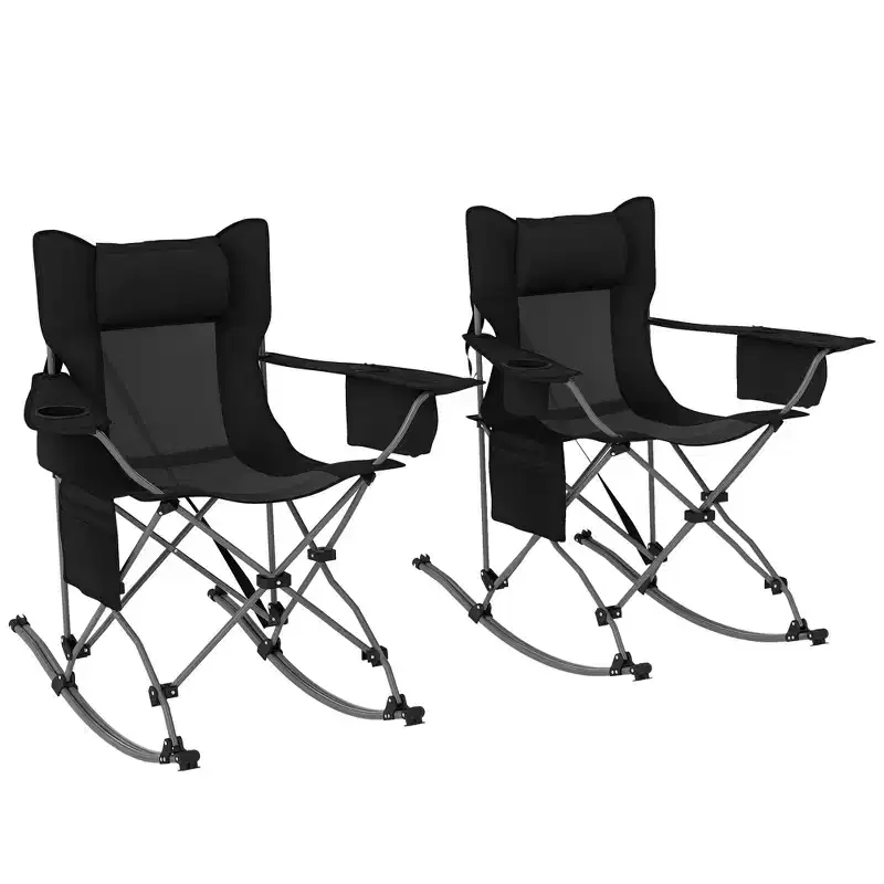 Outsunny Folding Camping Chairs, Portable Outdoor Rocking Chairs with Headrest, Cooler Bag, Cup Holder, Carry Bag, 2 Pack