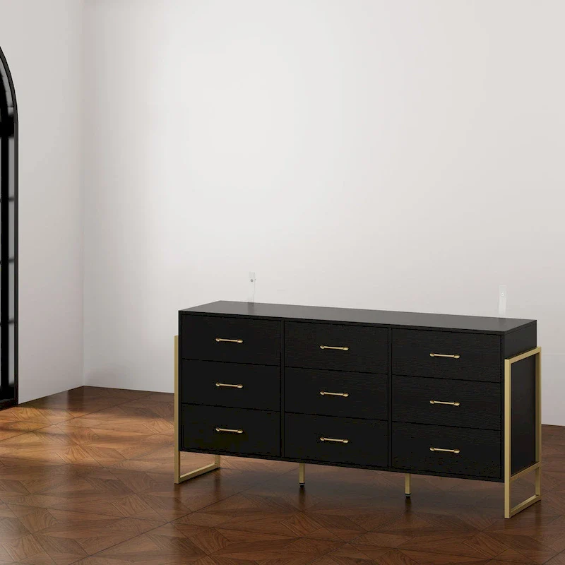 61.4 W Modern Black Dresser with 9 Spacious Drawers - Gold Handles
