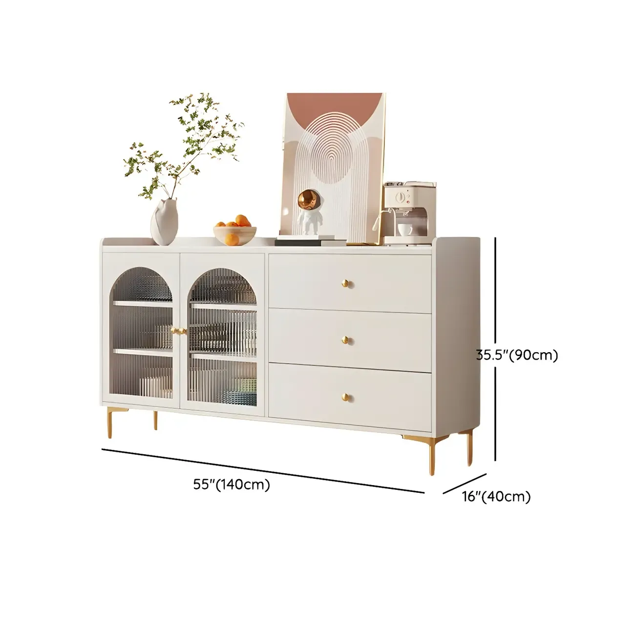 Glam White Wooden Buffet Table with Drawers & Shelves