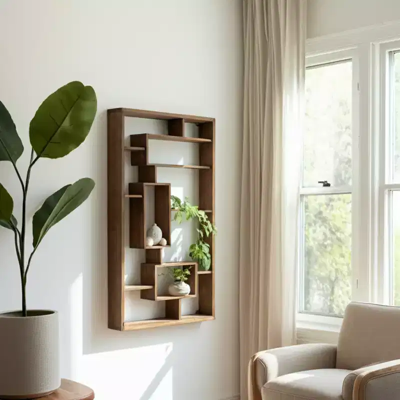 Modern Geometric Wall Shelf - Multi-Tier Decorative Wood Storage Rack - Casual Home Style for Living Room, Bedroom, Office
