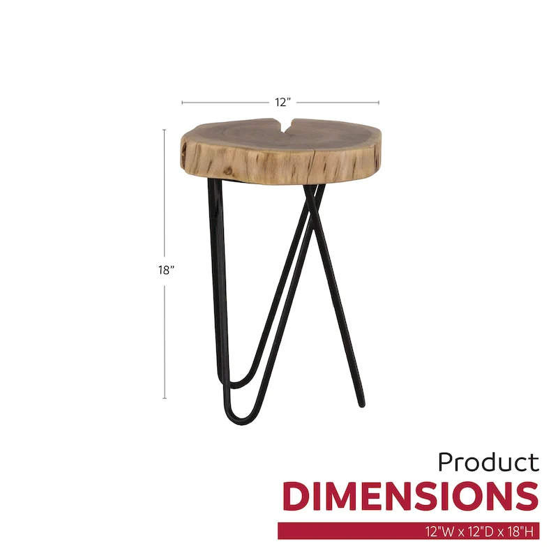 Brown/Black Round Live Edge Side Table – Wood Top, Black Metal Legs, 1 Person