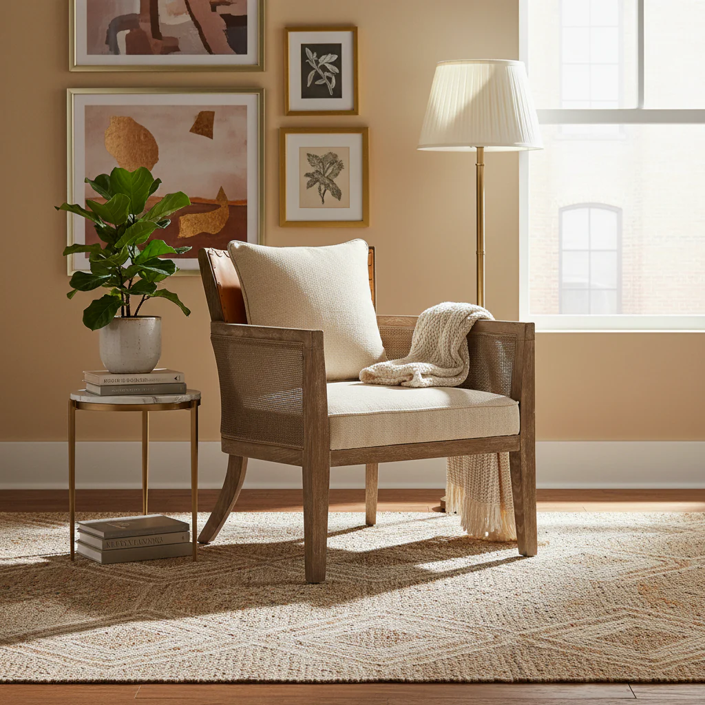 Brown & Beige Cane Back Oak Armchair with Butterscotch Leather Back & Linen Seat – 1-Seater