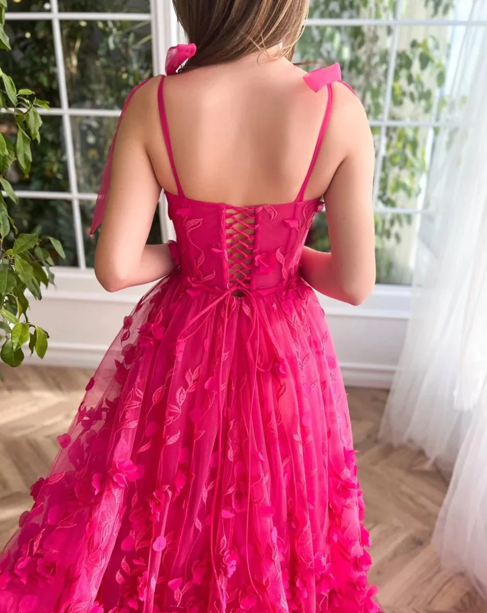 Fuchsia - Elegant A-line 3D Flower Tulle Prom Dress With Slit