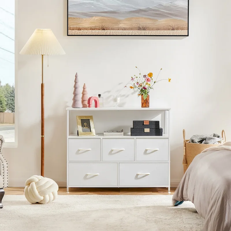 White 5-Drawer Fabric Dresser with Metal Frame, Single-Person Bedroom Storage