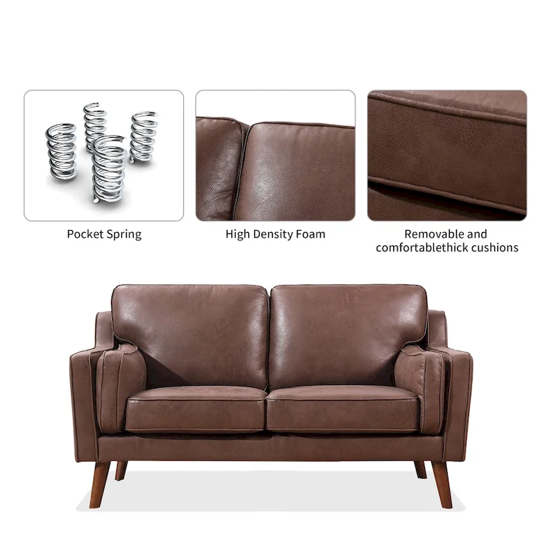 Brown Air Leather Mid-Century Sofa / Loveseat with Track Arms – Modern Style, Seats 2–3
