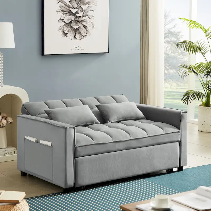 Velvet Convertible Loveseat Sleeper Sofa Couch with 2 Pillows