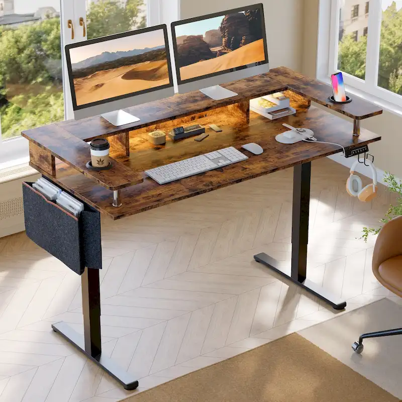 Electric Standing Desk Height Adjustable Computer Desk with Storage and Monitor Stand