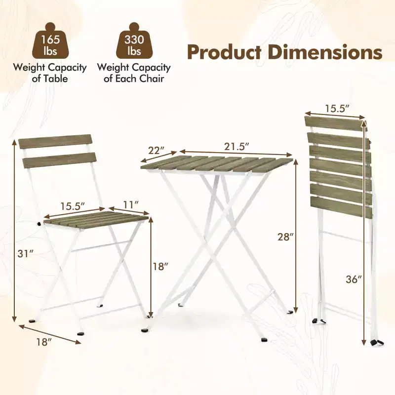 Costway 3 PCS Patio Acacia Wood Bistro Set Bistro Table with 2 Folding Chairs Slatted Seat Brown/Gray