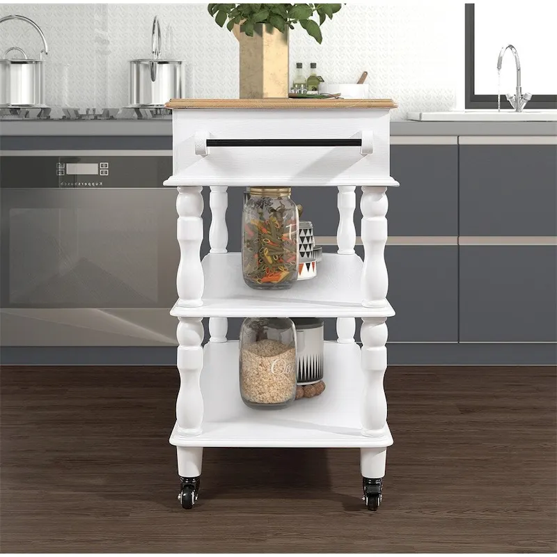 Rolling OAK Wood Top Kitchen Cart with Wine Rack and 2 Drawers