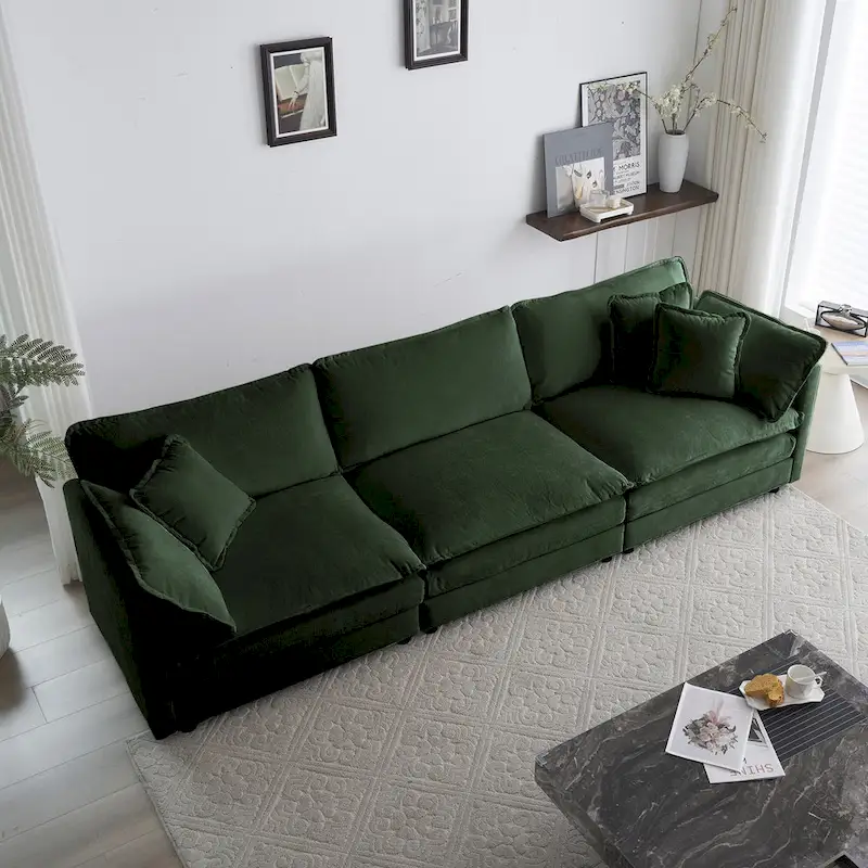 Green 6-Seater U-Shape Sectional Sofa with 3 Ottomans and Pillows