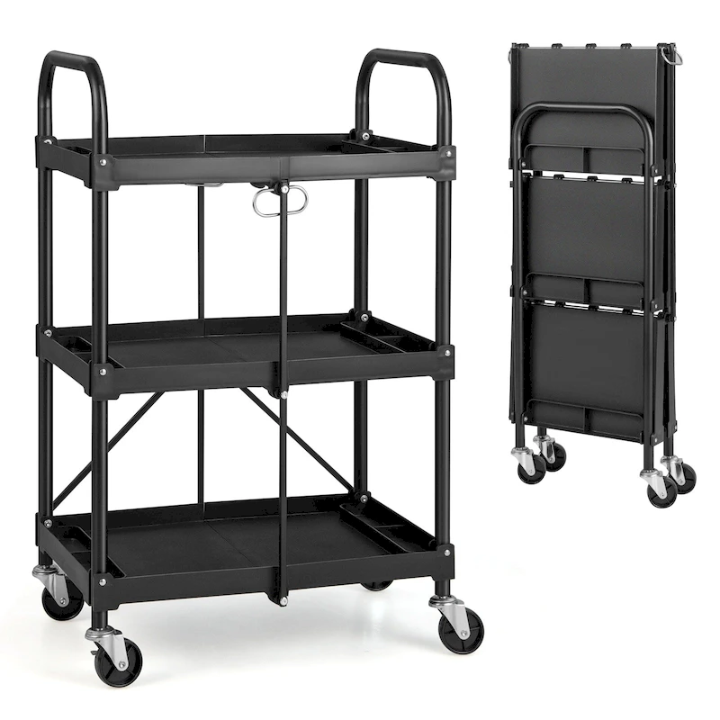 Costway Folding Collapsible Service Cart Heavy-Duty 3-Shelf Tool Cart - 24 x 17 x 38 (L x W x H)