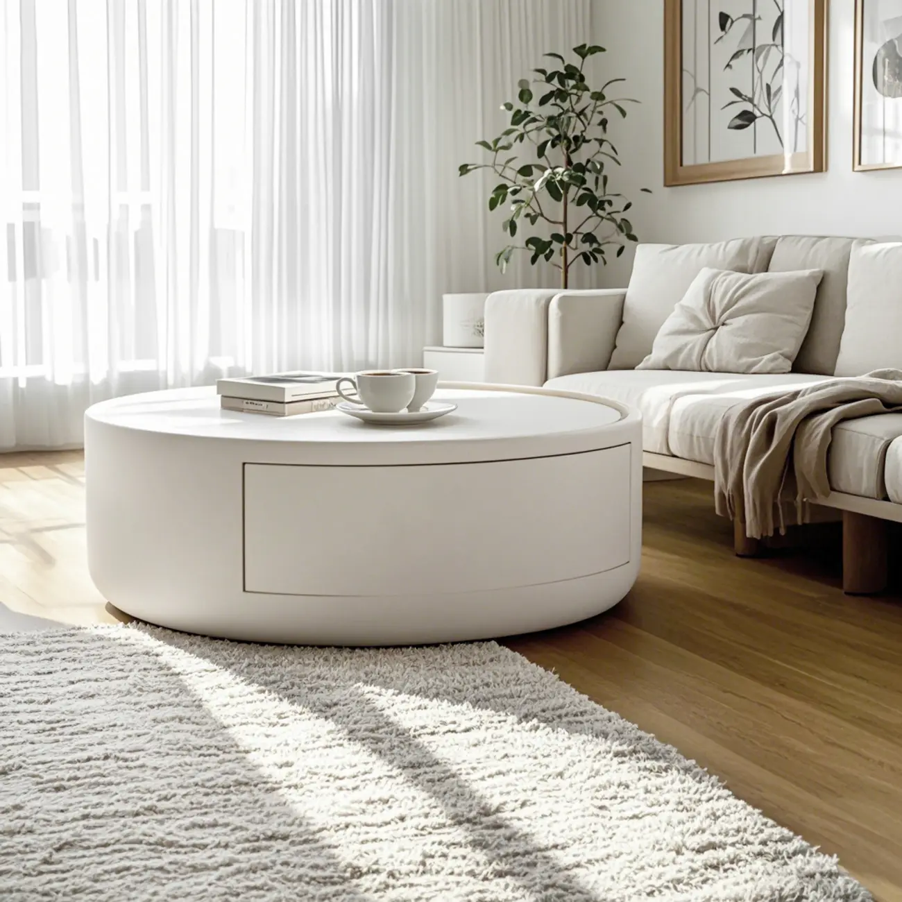 Modern Wood Black White Round Drawer Coffee Table