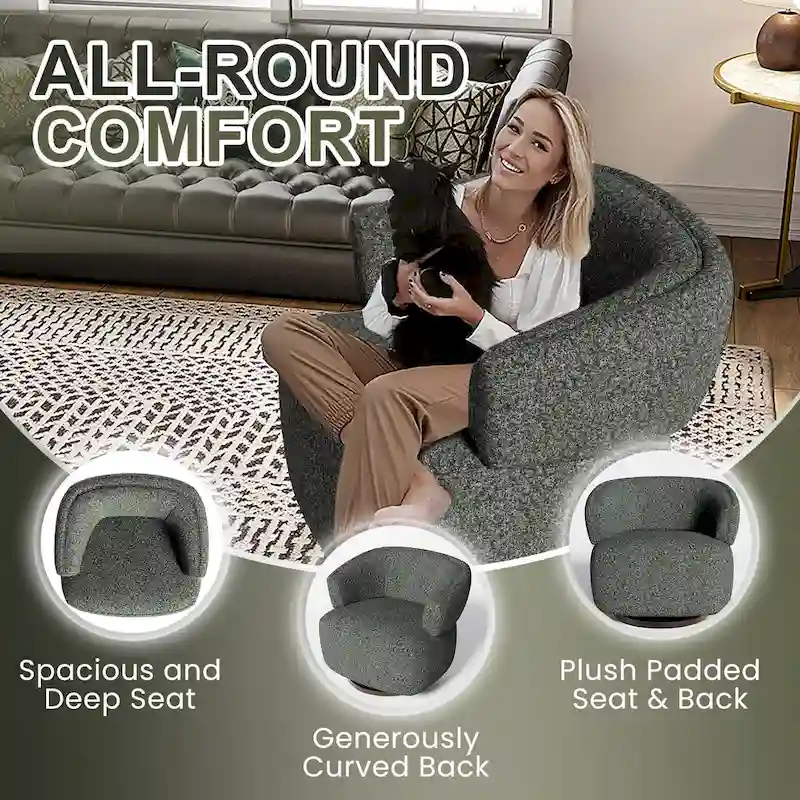 Beige / Grey Upholstered 360° Swivel Barrel Accent Chair – Single