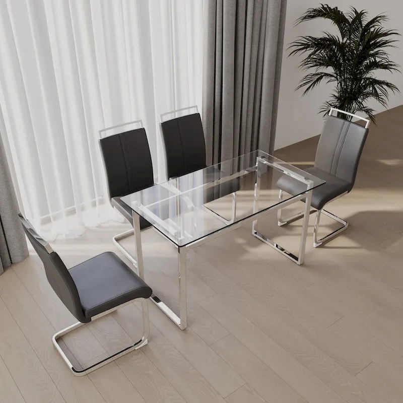 Modern 5-Piece Dining Set with Rectangular Glass Table & High Back Silver-Plated Legs Dining Armless Chairs