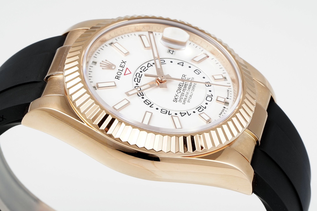 Rolex Sky-Dweller replica fluted bezel side angle macro