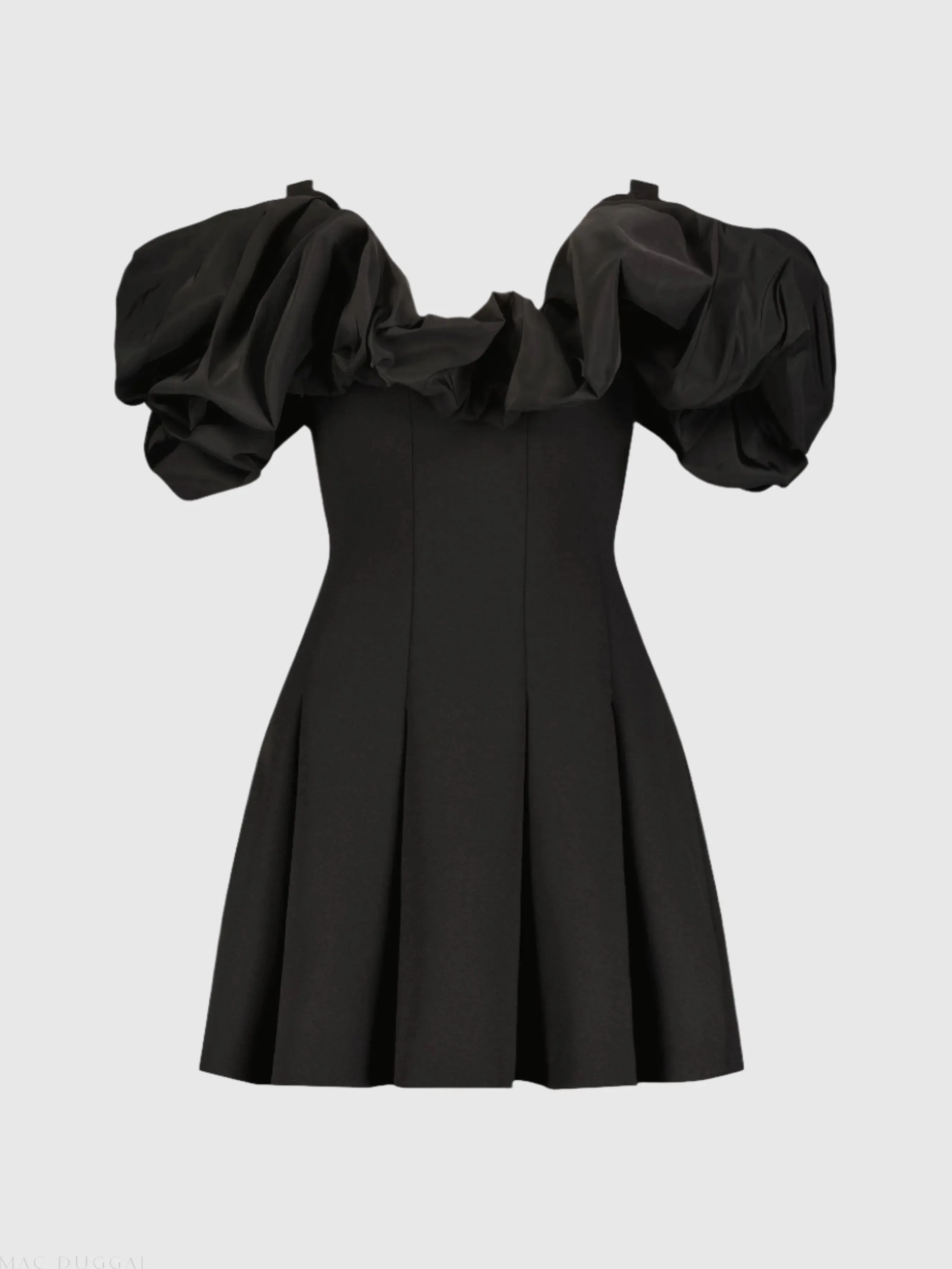 Black Crepe Godet Hem Mini Dress With Faille Ruffle