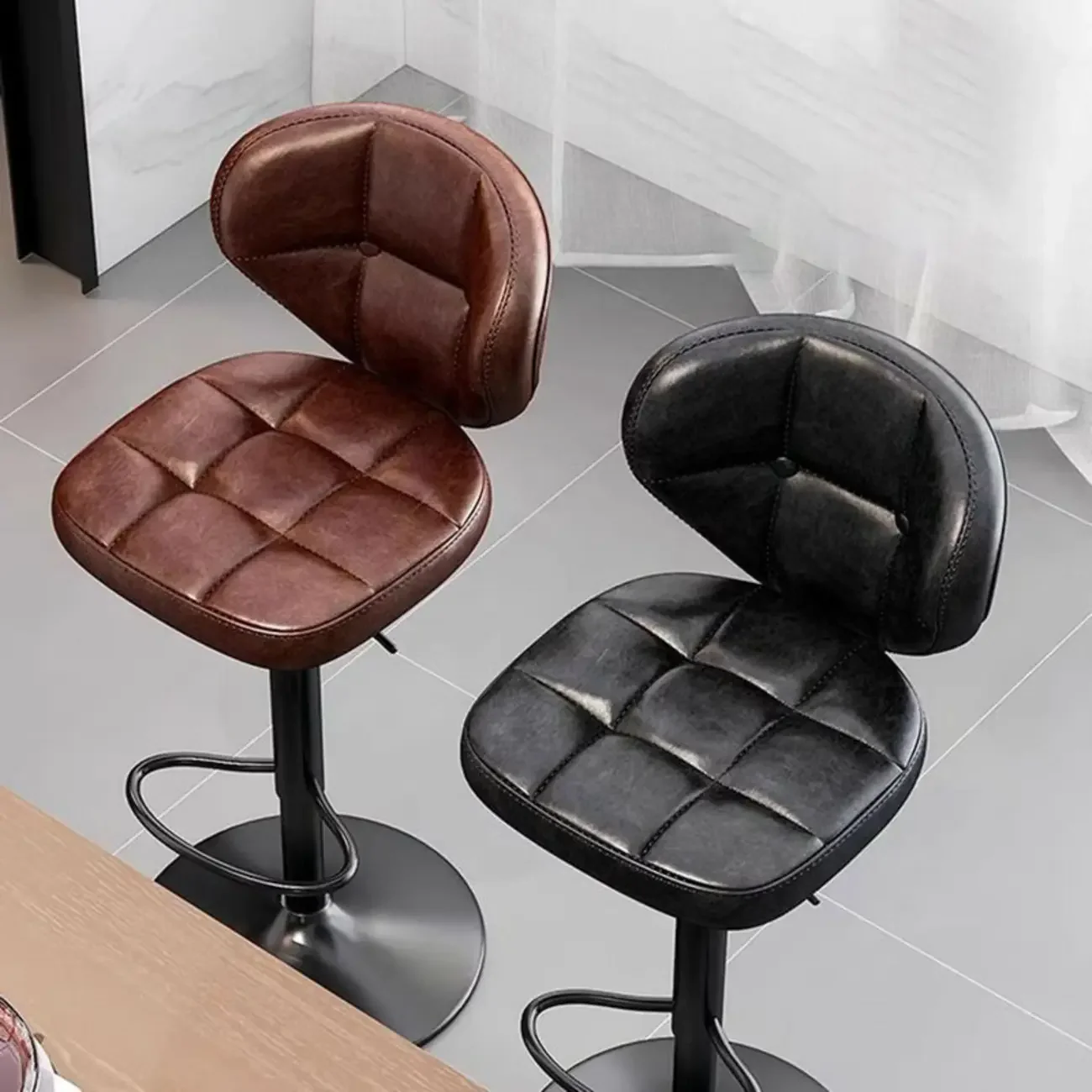 Modern Square Tufted Faux Leather Adjustable Swivel Bar Stools