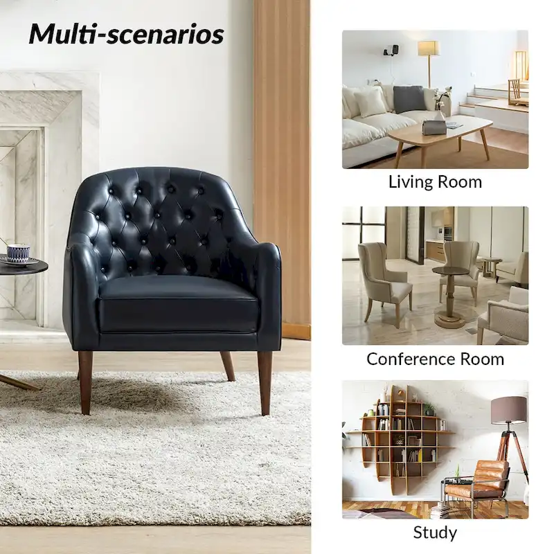 Melisa Classic Genuine Leather Wood Legs Barrel Chair With Tufted Back By HULALA HOME