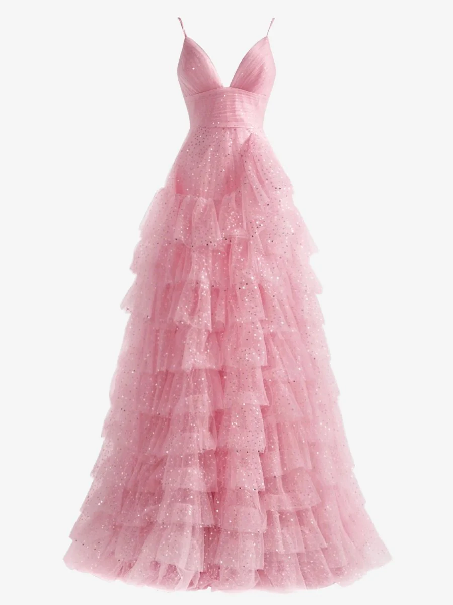 Light Pink A-Line Tiered Spaghetti Straps Tulle Prom Dress