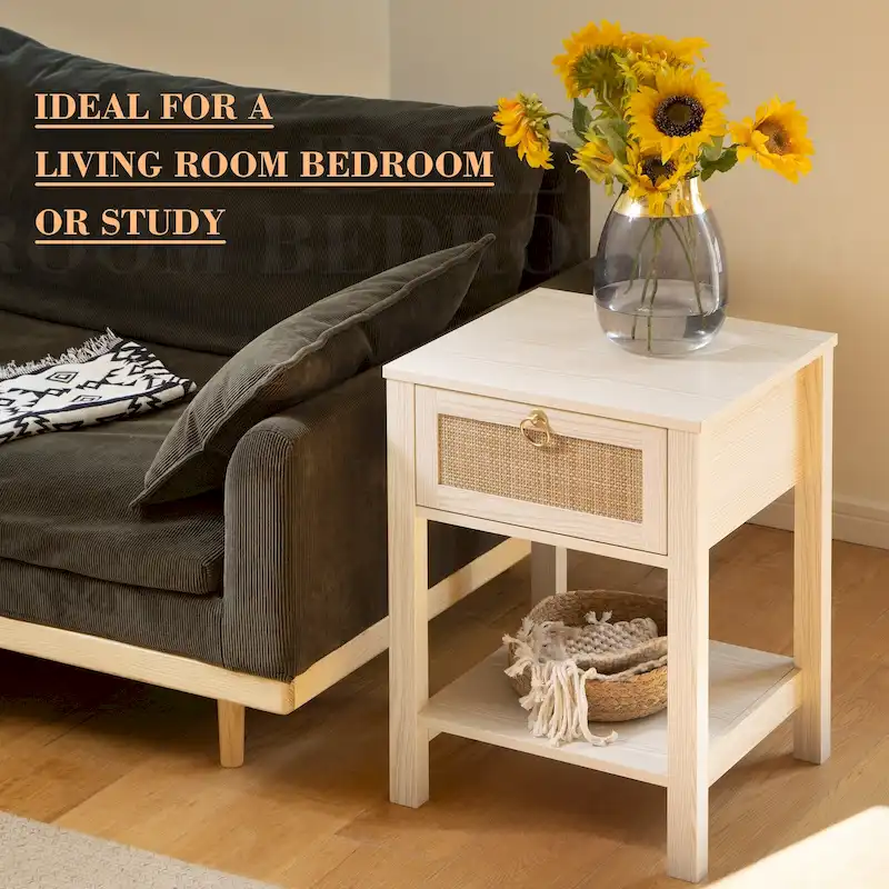 Farmhouse 1-Drawer Rattan Nightstand Set of 2