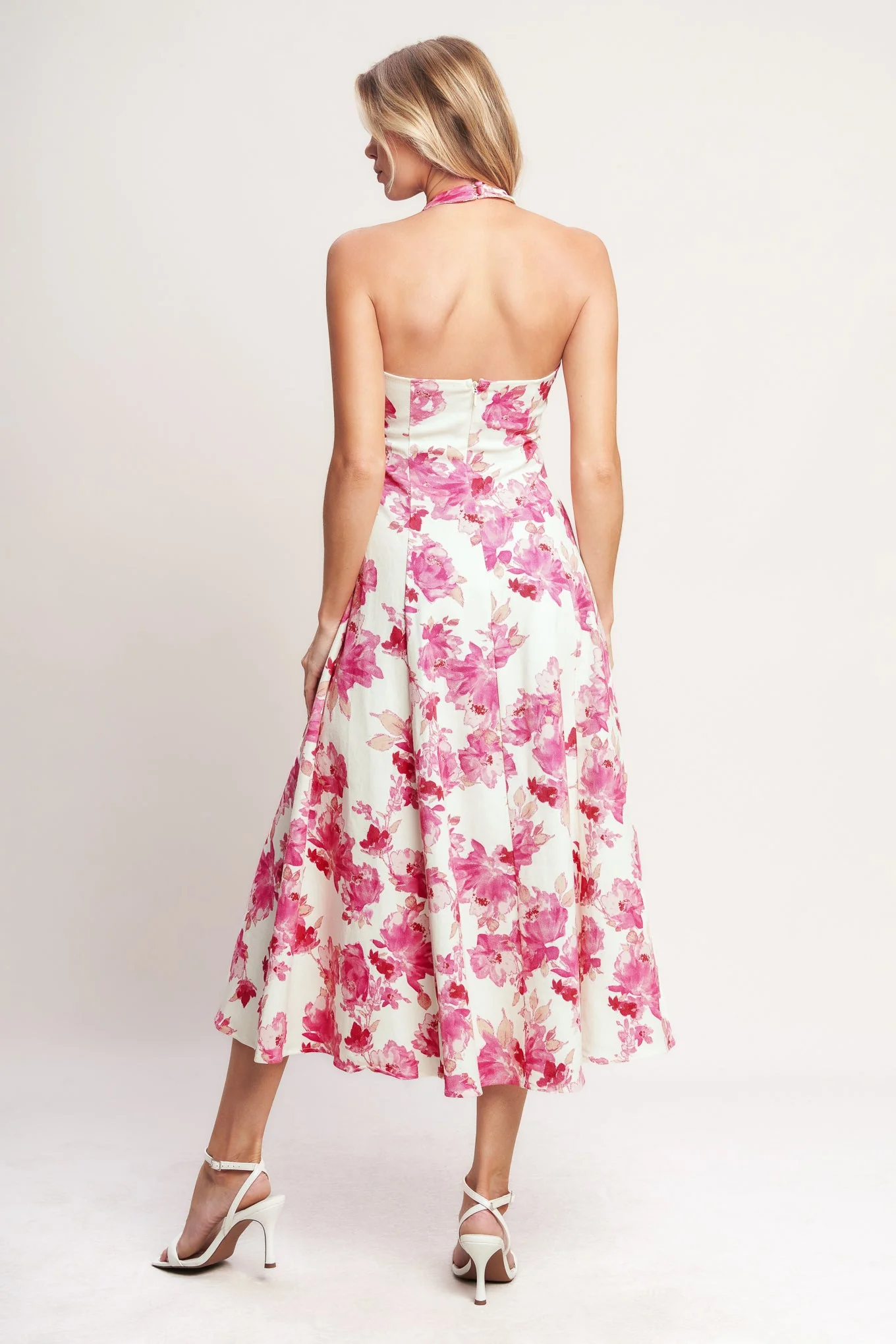 ROSY AFTERNOON PINK FLORAL HALTER MIDI DRESS