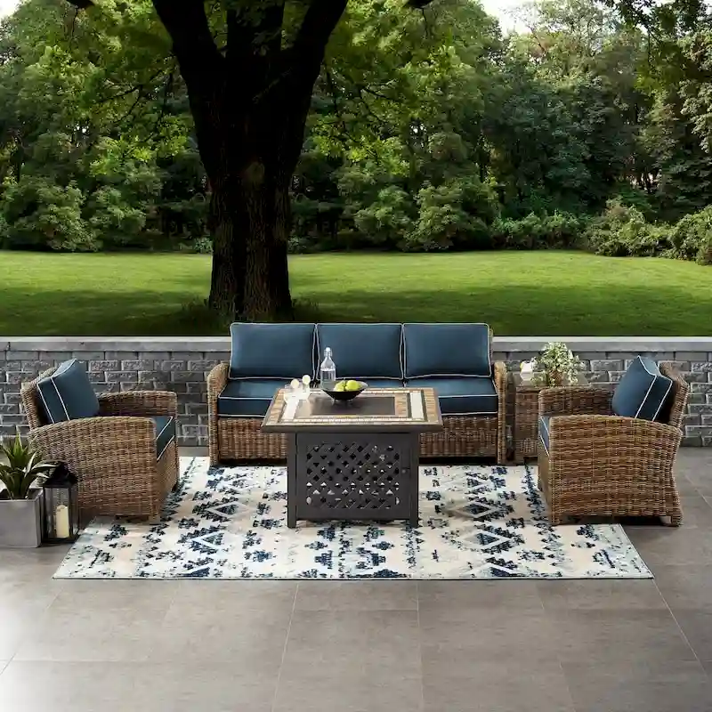 Crosley Bradenton 5-Piece Outdoor Wicker Sofa Conversation Set With Navy Cushions - 107