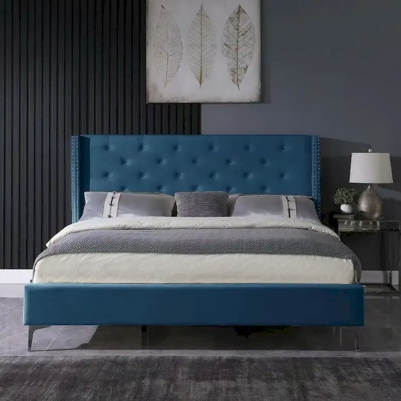 Blue / Black / Grey / Beige Velvet Platform Bed Frame, King, 2-Person