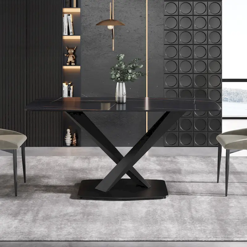 63 Modern Dining TableSintered Stone Tabletop with Black Base