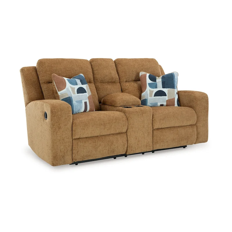Damon Double Reclining Loveseat, Camel Brown Polyester, 2 Pillow