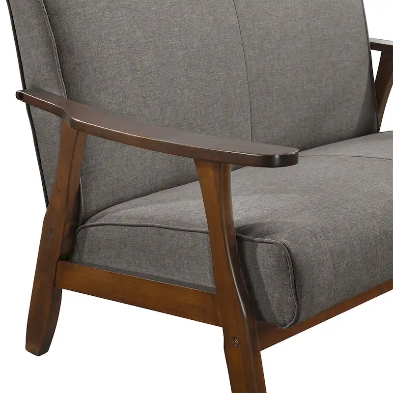 Mid-Century Modern Loveseat 2-Seater Sofa with Wooden Arms - Light Gray Linen Upholstery 46.69