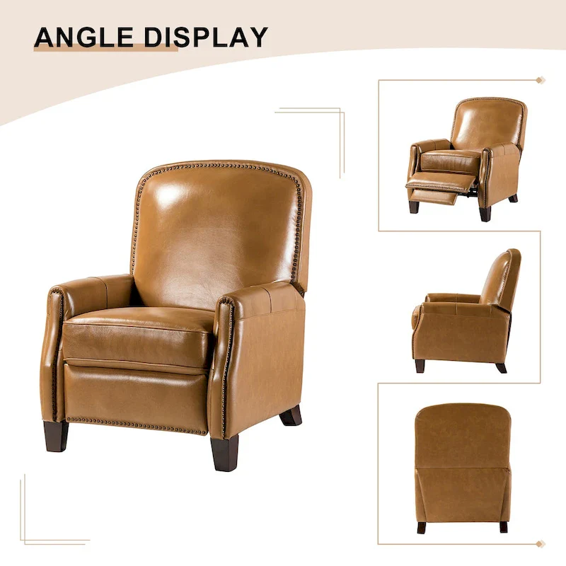 Modern Retro Genuine Leather Recliner with Nailhead Trim & Wooden Frame