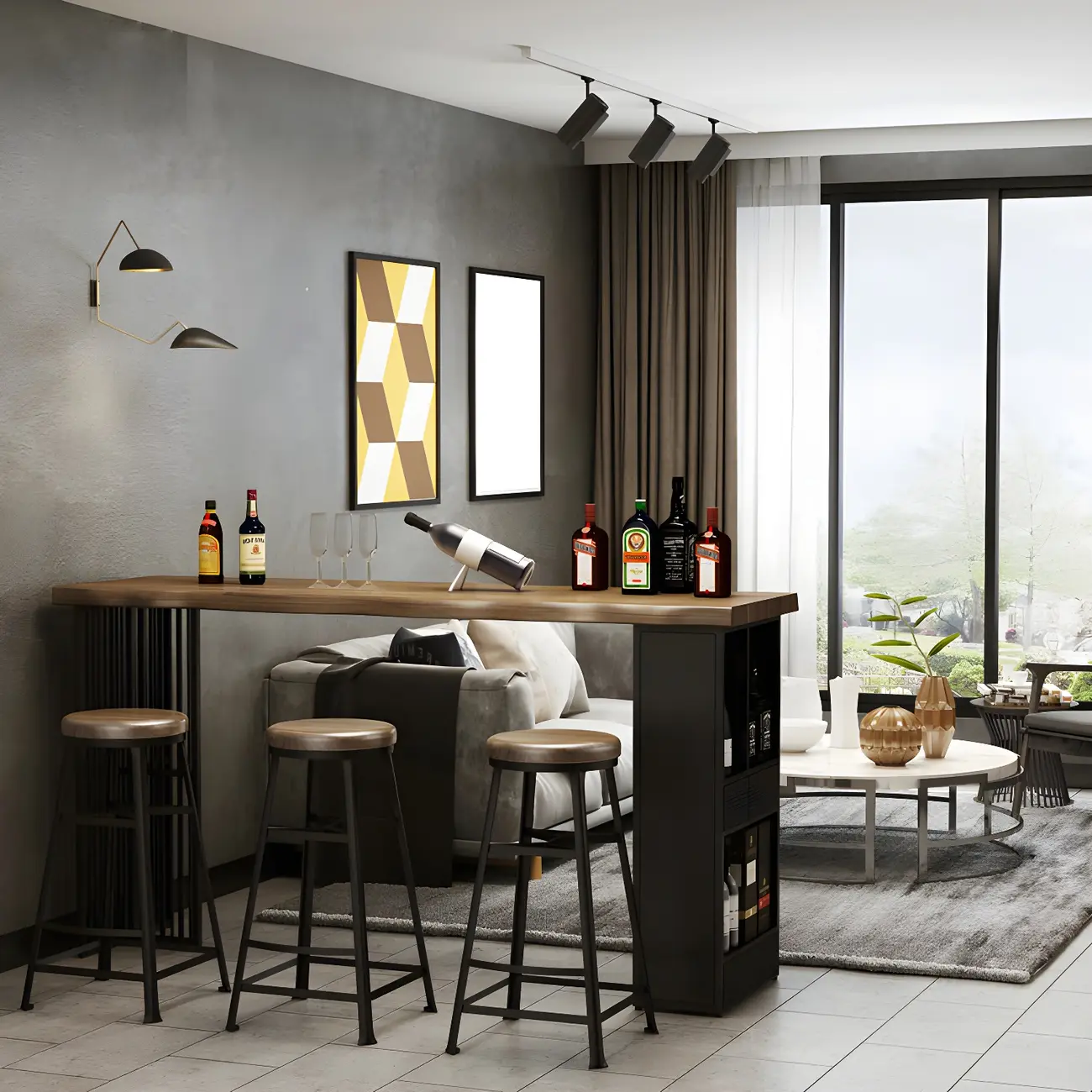 Modern Brown Gold Wooden Iron Storage Bar Tables