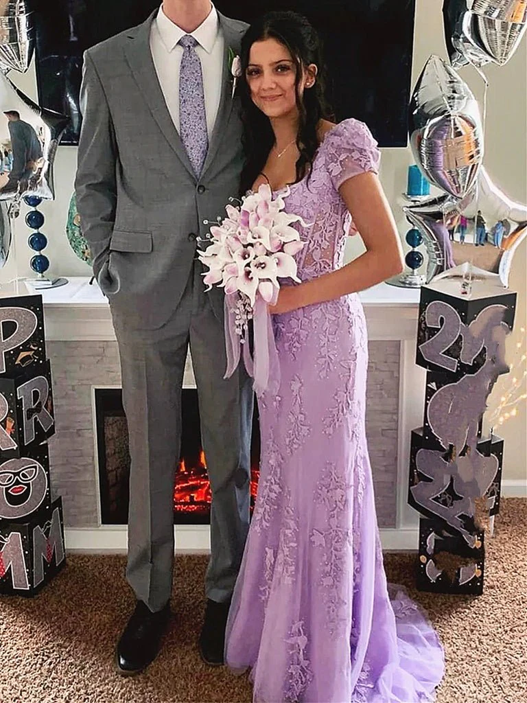 Champagne Appliques Square Neck Puff Sleeves Long Prom Dress