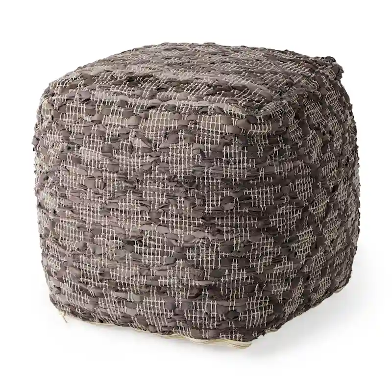 Mercana Falguni Grey Patterned Leather & Cotton Square Pouf