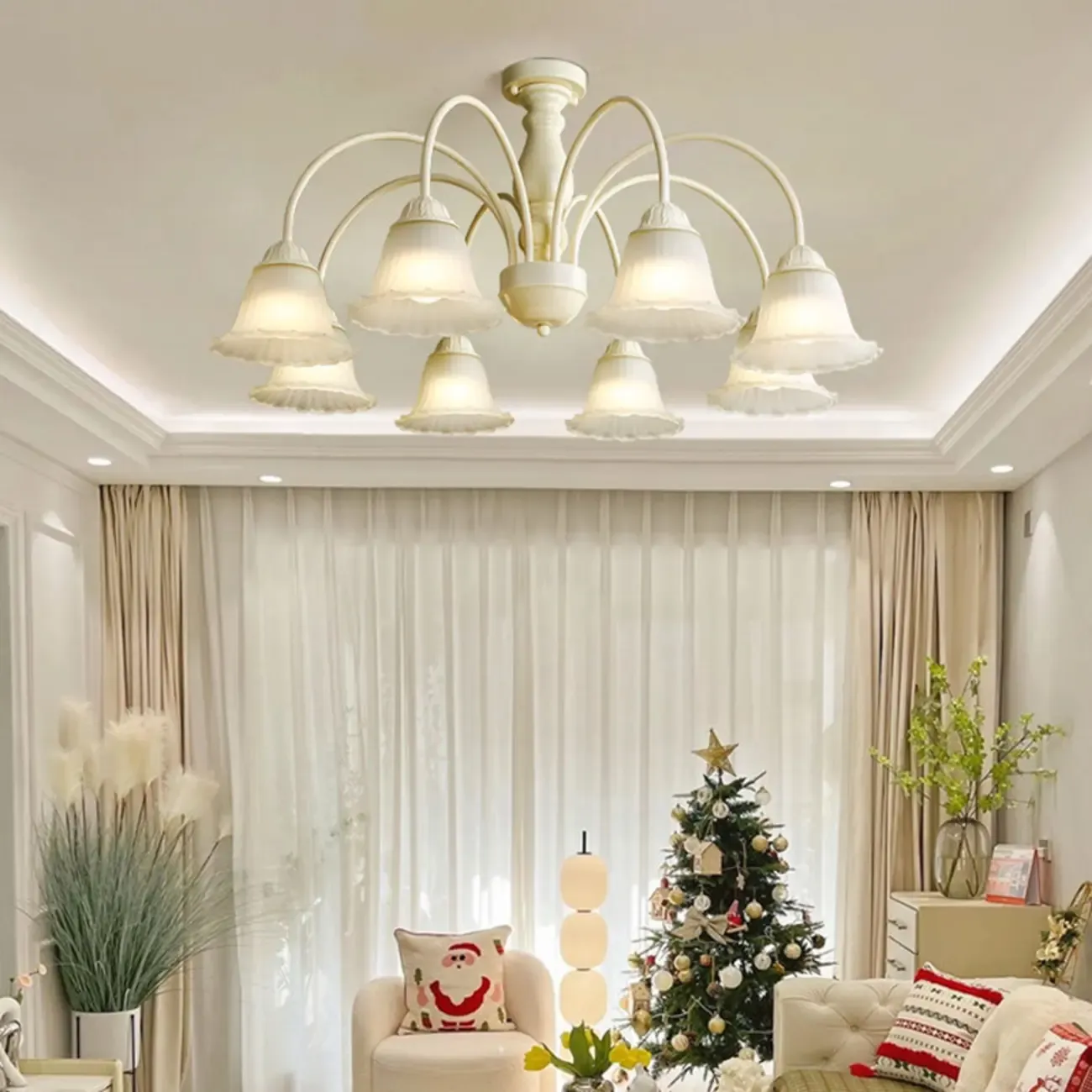 Beige Vintage Down Frosted Bell Glass Semi Flush Ceiling Light