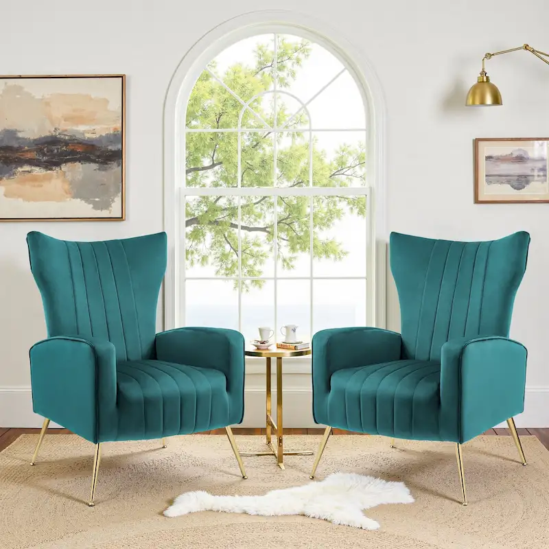 Velvet Wingback Accent Chair with Metal Legs for Living Room